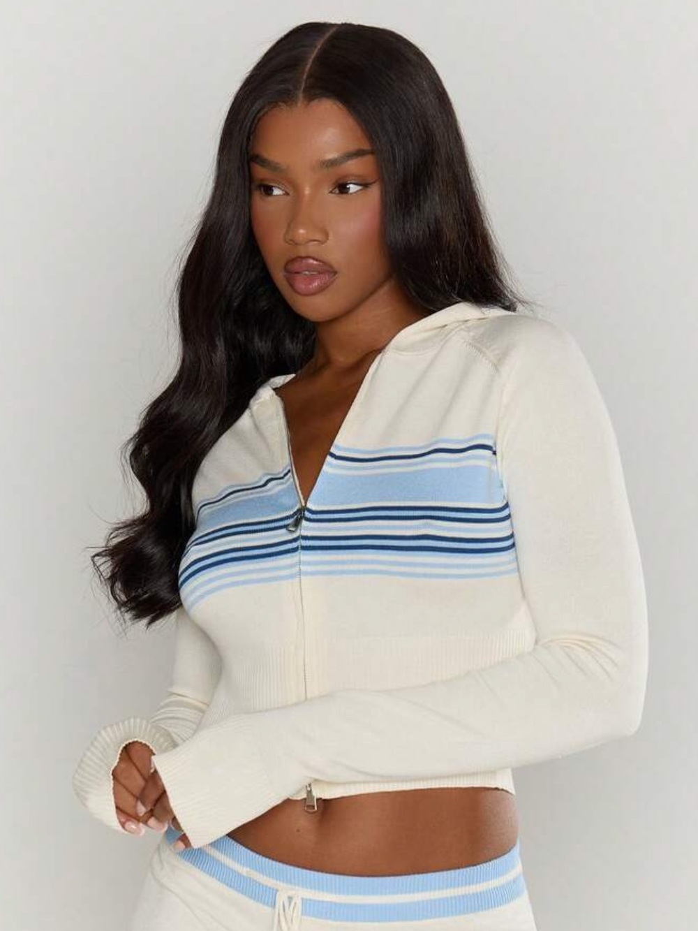Cream Zip-Front Knit Hoodie with Blue Stripe Detail